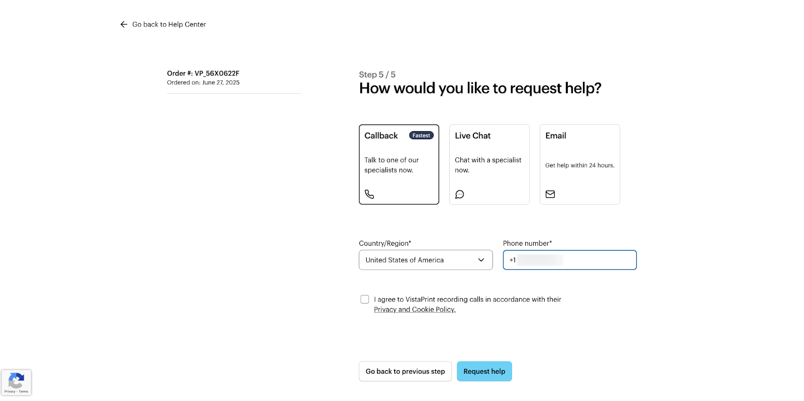 A screen with the option to choose between the contact methods of Callback, live chat and email